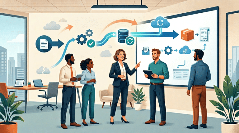 Illustration éditoriale pour un article Kavyro sur l’automatisation des processus en PME