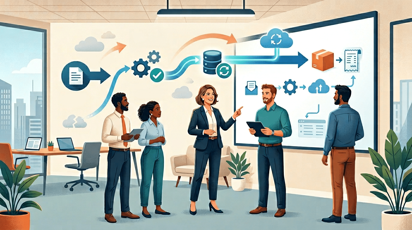 Illustration éditoriale pour un article Kavyro sur l’automatisation des processus en PME