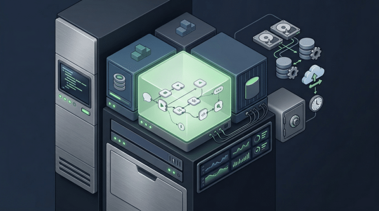 Illustration éditoriale : déploiement n8n avec Docker, sauvegardes et maintenance fiable.