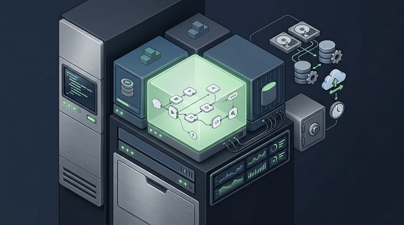 Illustration éditoriale : déploiement n8n avec Docker, sauvegardes et maintenance fiable.