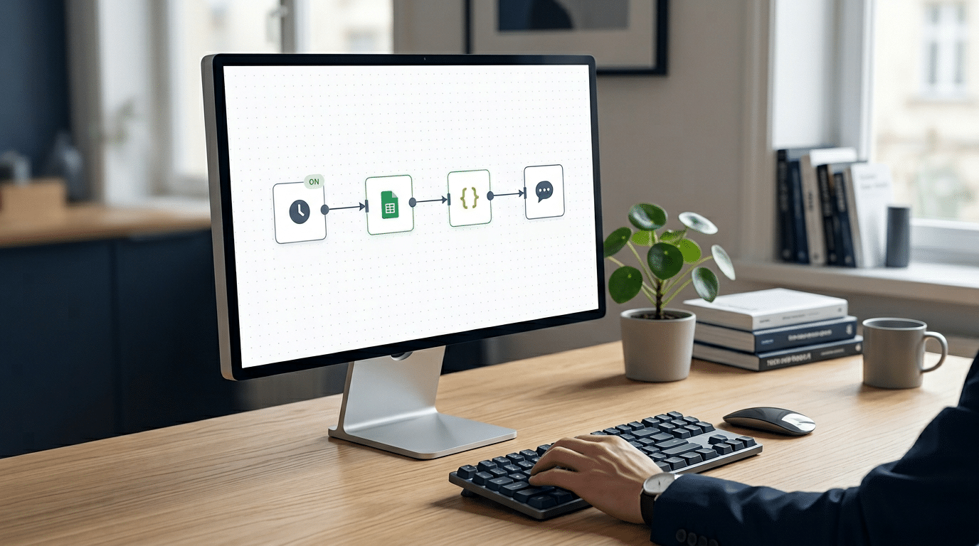 Illustration d’un premier workflow n8n simple avec quelques blocs connectés