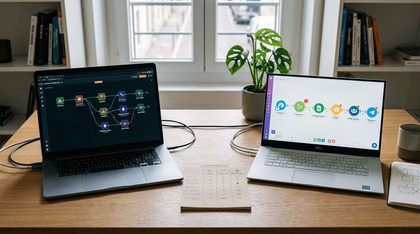 Comparatif n8n vs Make : coûts, flexibilité et maintenance