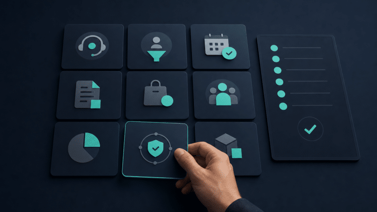 Illustration Kavyro montrant des cartes de décision pour choisir des cas d’usage d’agents IA business