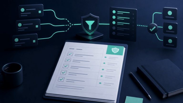 Illustration abstraite d’un webhook n8n sécurisé avec validation des entrées et checklist de production.