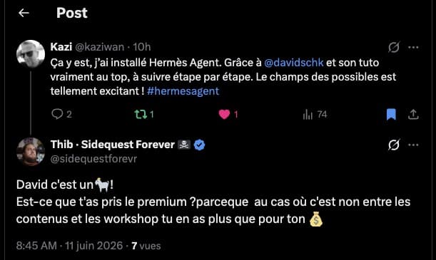 Échange de membres Kavyro autour de l'installation de Hermes Agent et de la valeur des contenus Premium