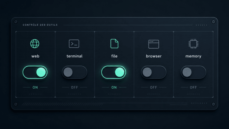 Panneau de contrôle des toolsets Hermes avec des interrupteurs activés/désactivés par catégorie d'outils