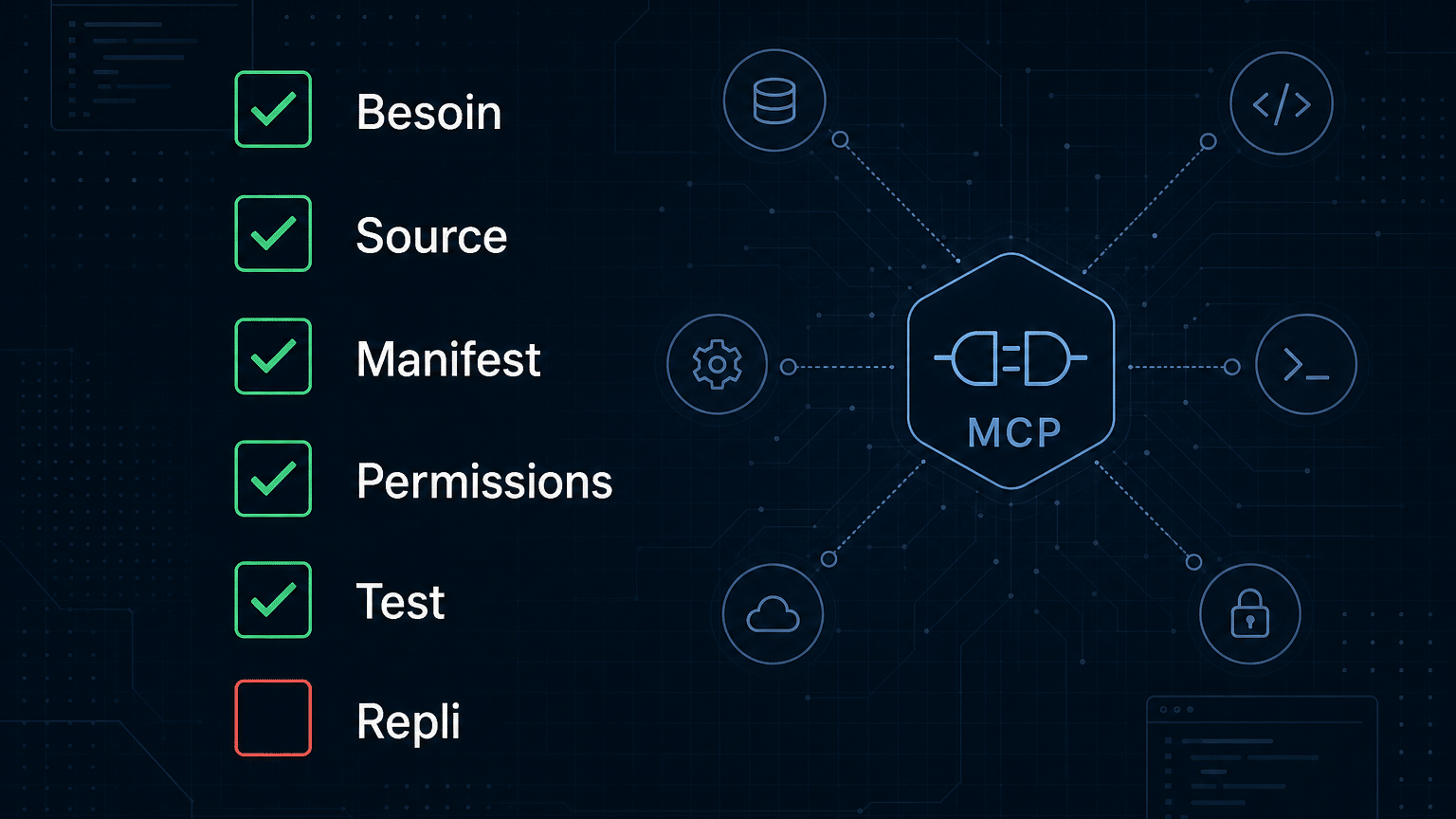 Checklist MCP Hermes en 6 points : besoin, source, manifeste, permissions, test, repli