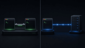 Comparaison visuelle entre MCP stdio (processus local, même machine) et MCP HTTP (connexion réseau, serveur distant)
