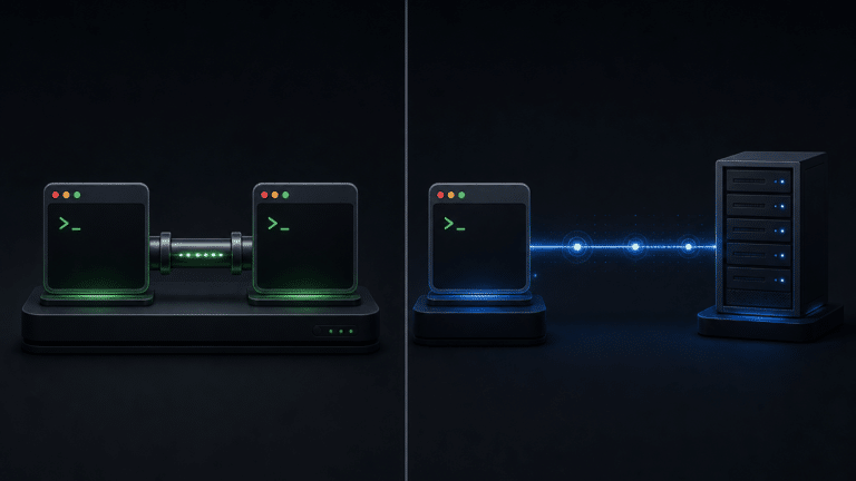 Comparaison visuelle entre MCP stdio (processus local, même machine) et MCP HTTP (connexion réseau, serveur distant)