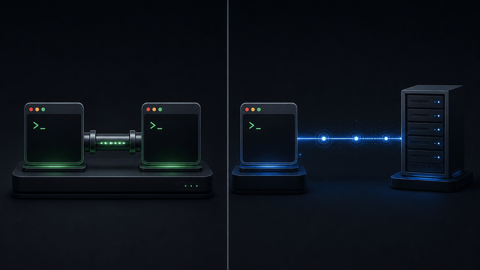 Comparaison visuelle entre MCP stdio (processus local, même machine) et MCP HTTP (connexion réseau, serveur distant)