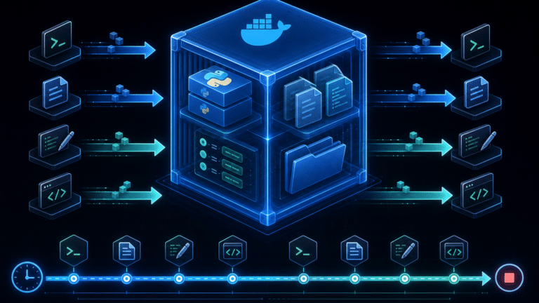 Conteneur Docker unique persistant pendant une session Hermes Agent, avec paquets, fichiers et variables visibles à l'intérieur