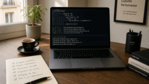 Poste de travail avec terminal affichant un cron Hermes validé et une checklist papier cochée à côté