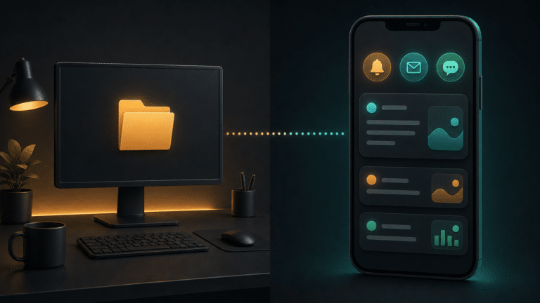 Illustration comparant la sortie locale (fichier sur un écran) et la sortie messagerie (notifications Telegram, Discord, Slack sur un téléphone), reliées par une flèche de décision.