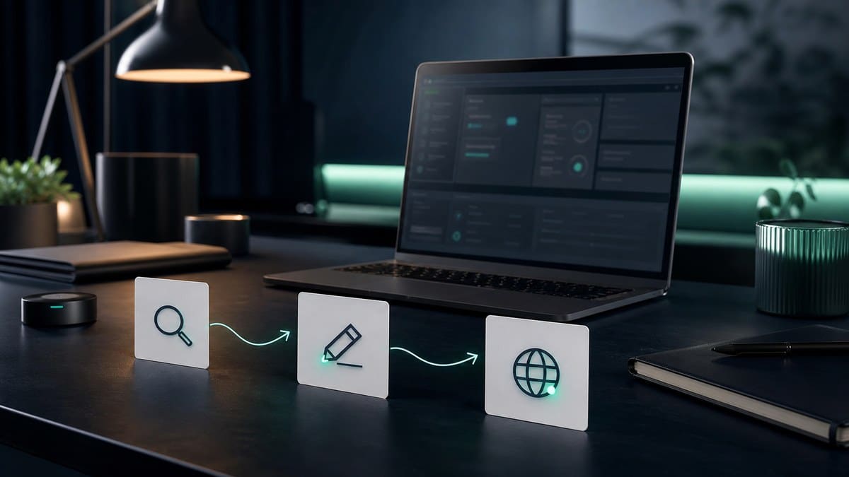 Illustration éditoriale pour l’article Workflow multi-étapes avec Hermes Agent : enchaîner sans casser