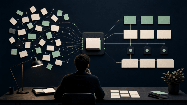 Un entrepreneur devant un espace de travail structuré avec des notes organisées, des connexions visibles entre les idées et une zone de contexte mise en avant.