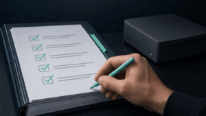 Checklist de conformité cochée à la main avant déploiement d’un agent IA